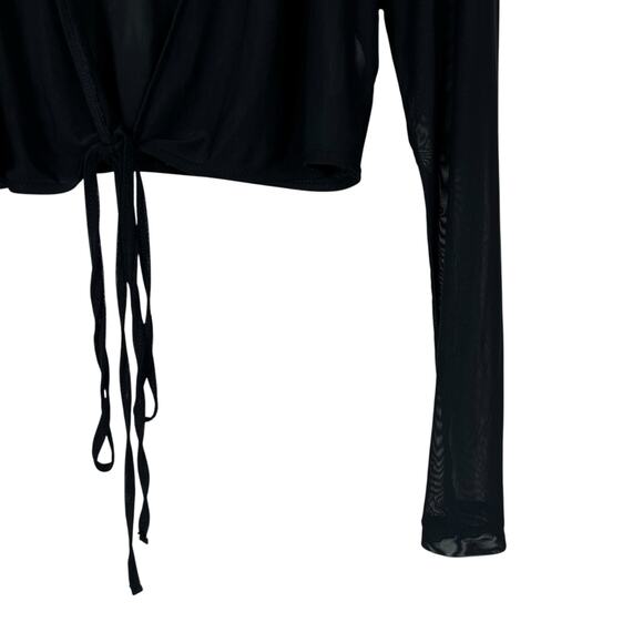 NWT Bar III x Nicole Williams Sheer Tie Front Top L Black Mesh Long Sleeve - Picture 3 of 6
